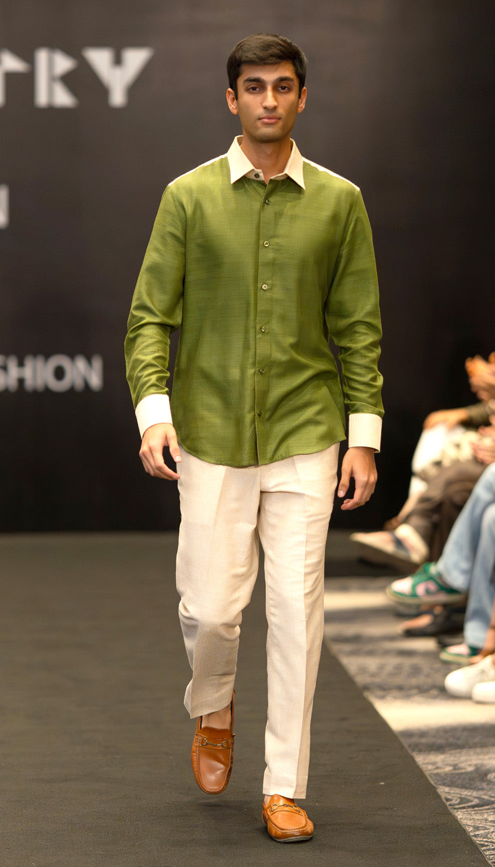Olive Satin Contrast Collar Shirt