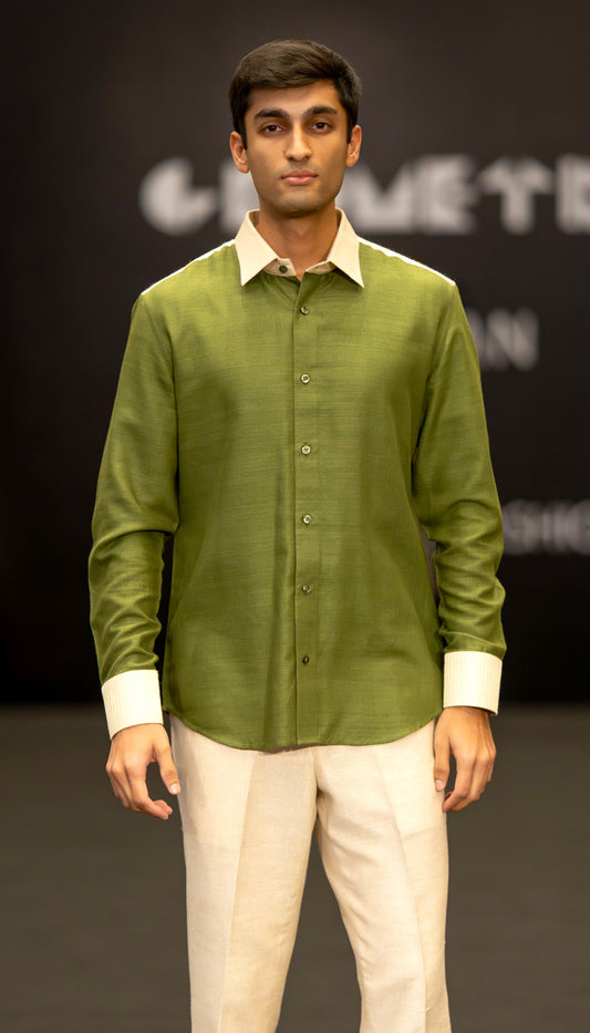 Olive Satin Contrast Collar Shirt