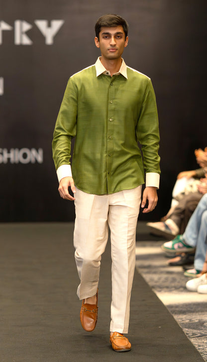 Olive Satin Contrast Collar Shirt