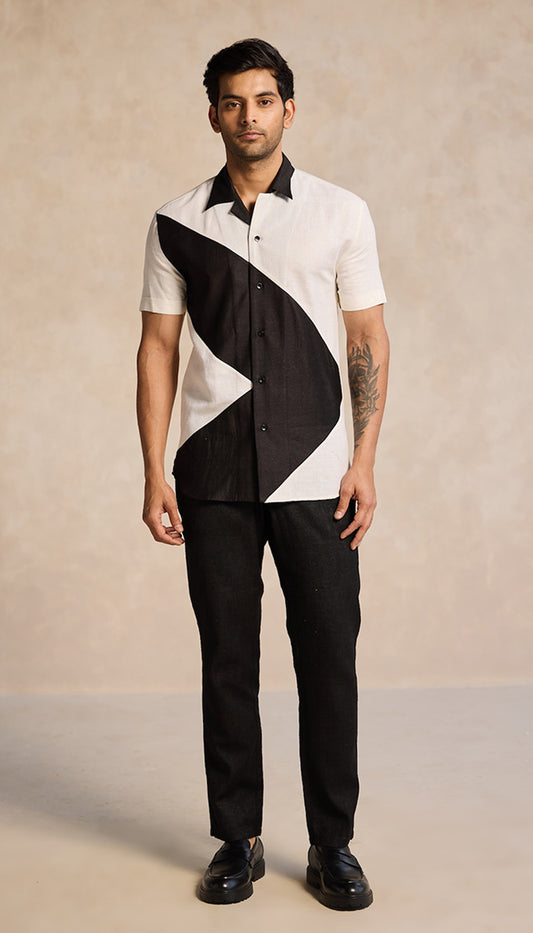 Black & Ivory Wave Cut Shirt – Bold Geometry