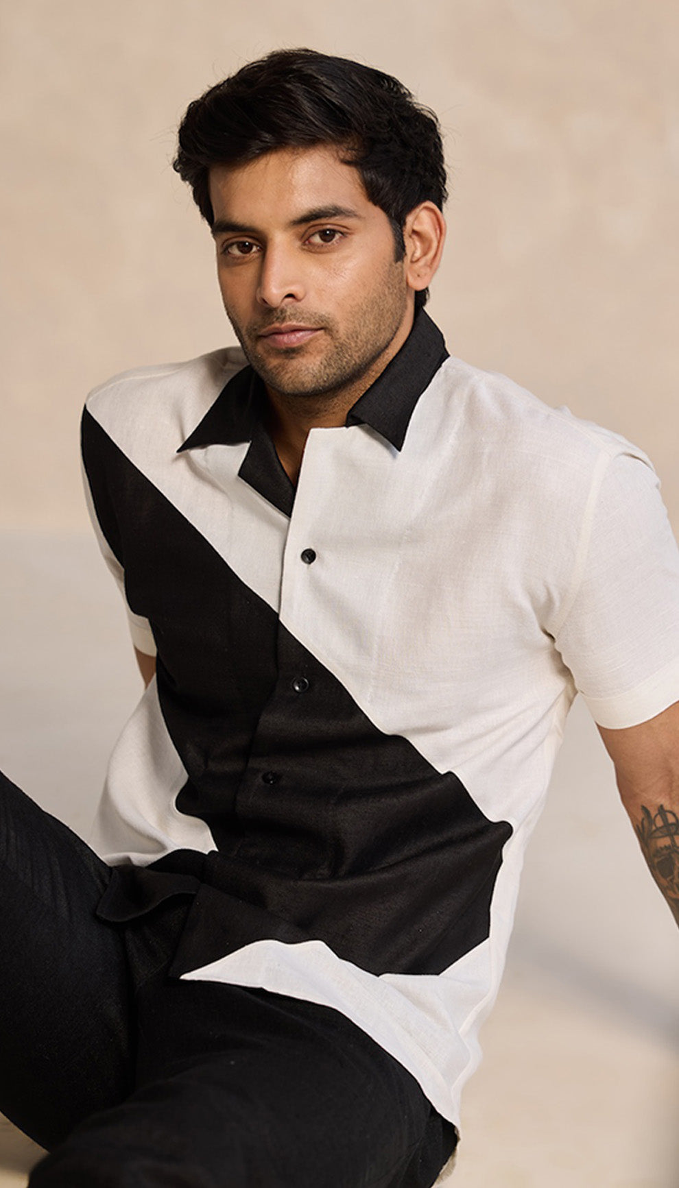 Black & Ivory Wave Cut Shirt – Bold Geometry