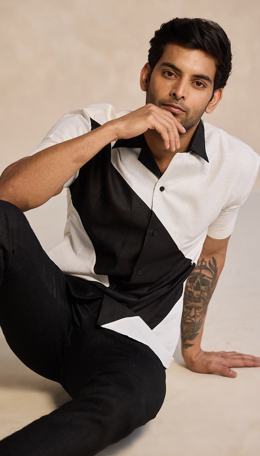 Black & Ivory Wave Cut Shirt – Bold Geometry