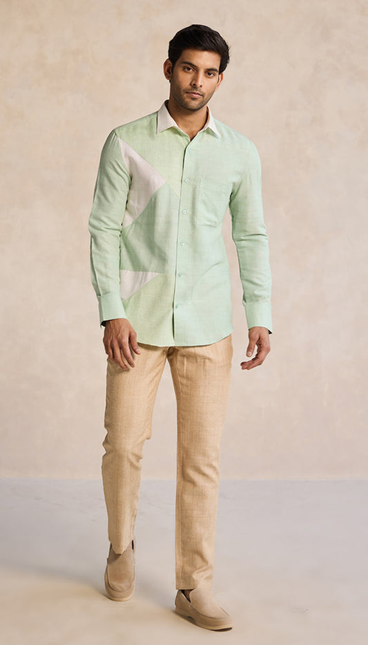 Sage Green Earth-Toned Geometric Cotton Shirt