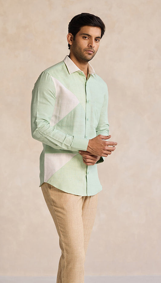 Sage Green Earth-Toned Geometric Cotton Shirt