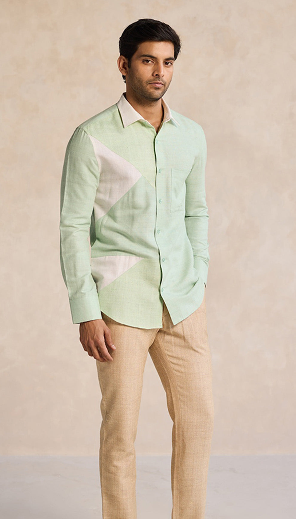 Sage Green Earth-Toned Geometric Cotton Shirt