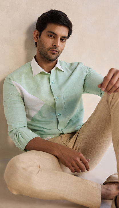 Sage Green Earth-Toned Geometric Cotton Shirt