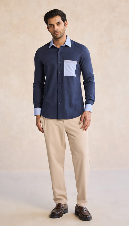Navy Blue Contrast Shirt with Striped Pocket