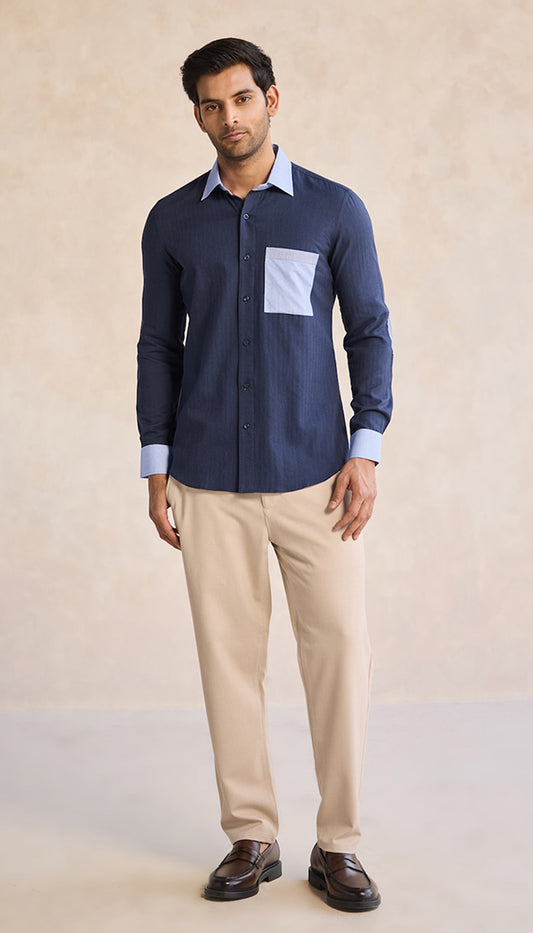 Navy Blue Contrast Shirt with Striped Pocket