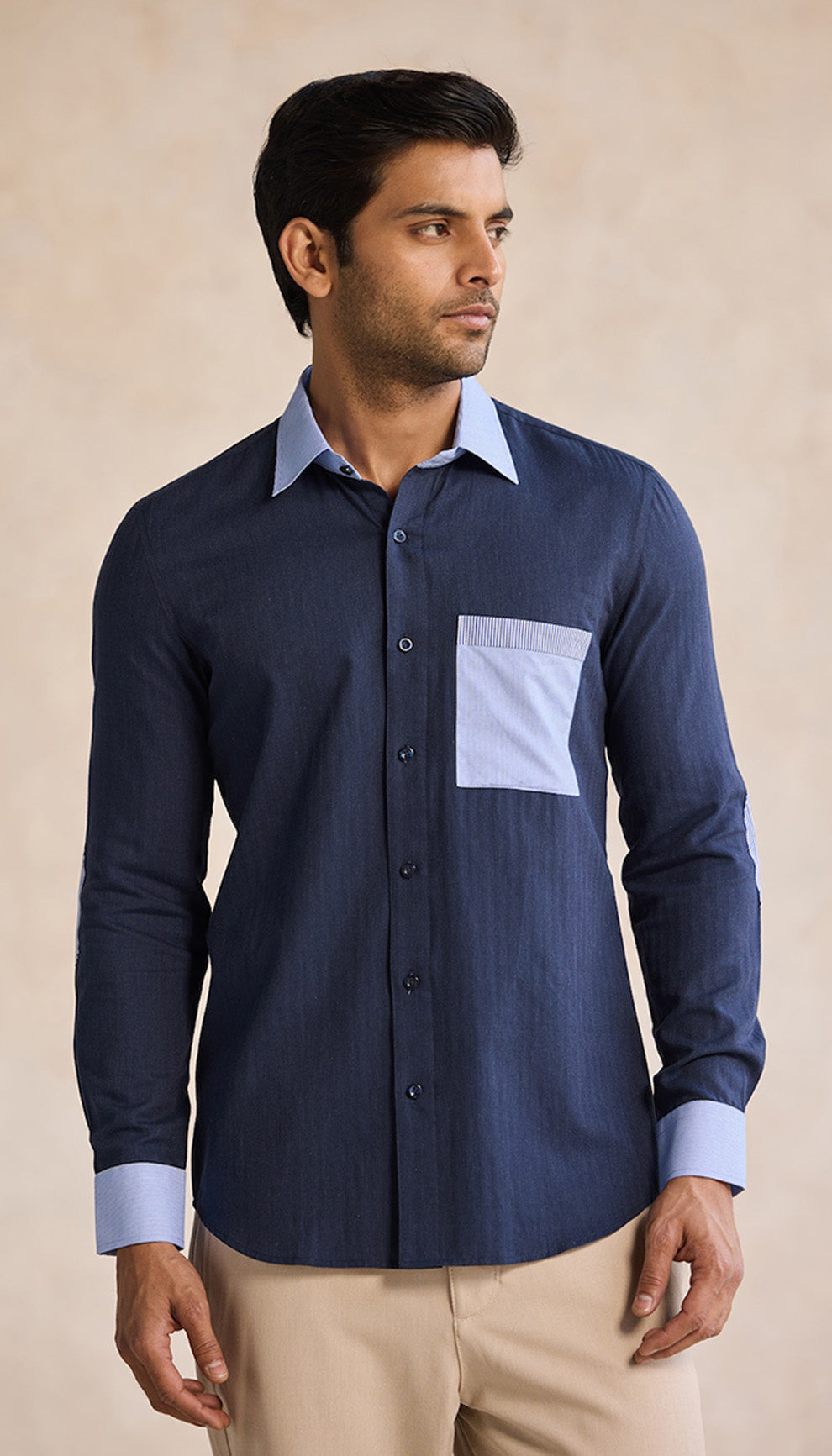 Navy Blue Contrast Shirt with Striped Pocket