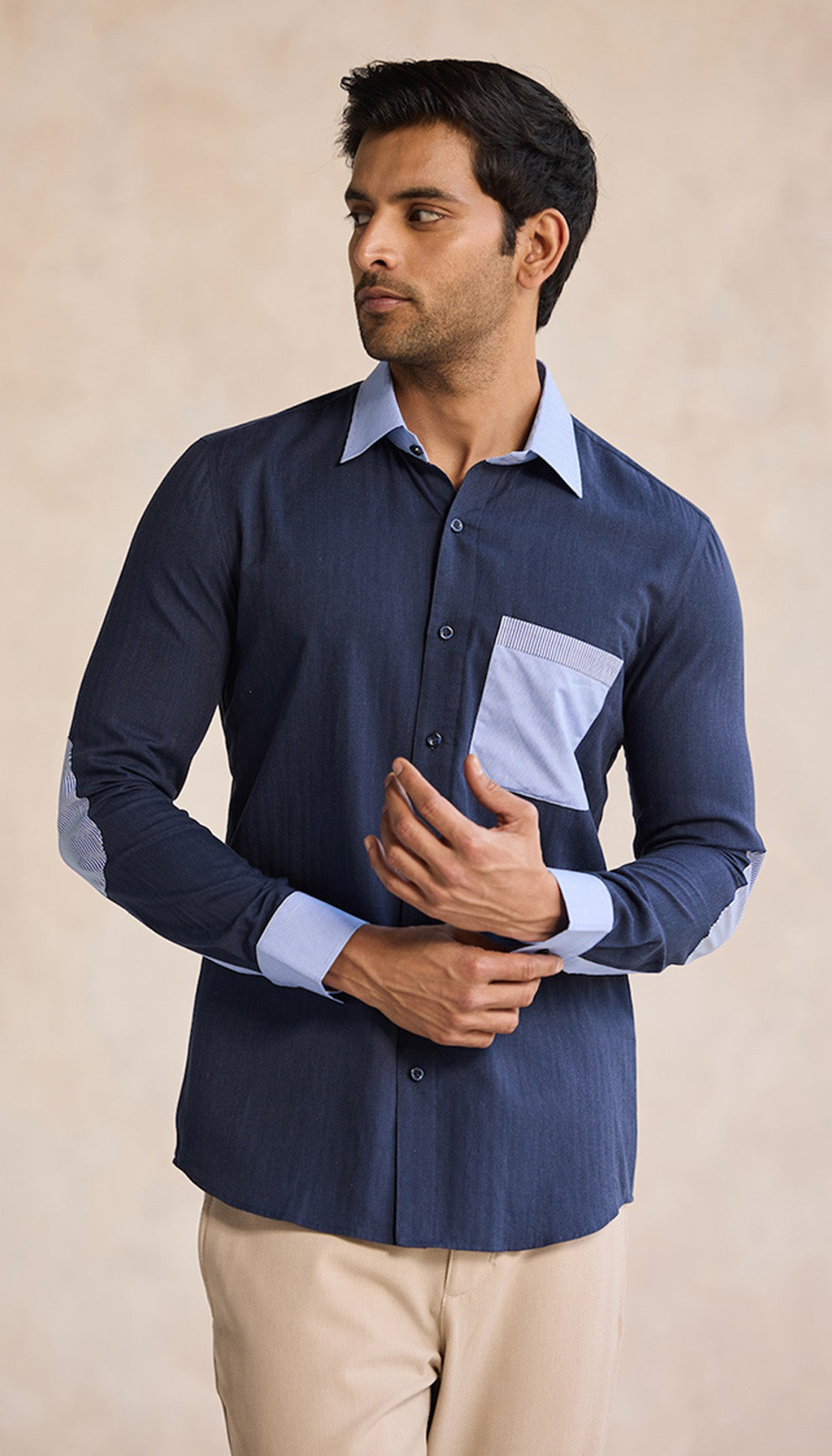 Navy Blue Contrast Shirt with Striped Pocket