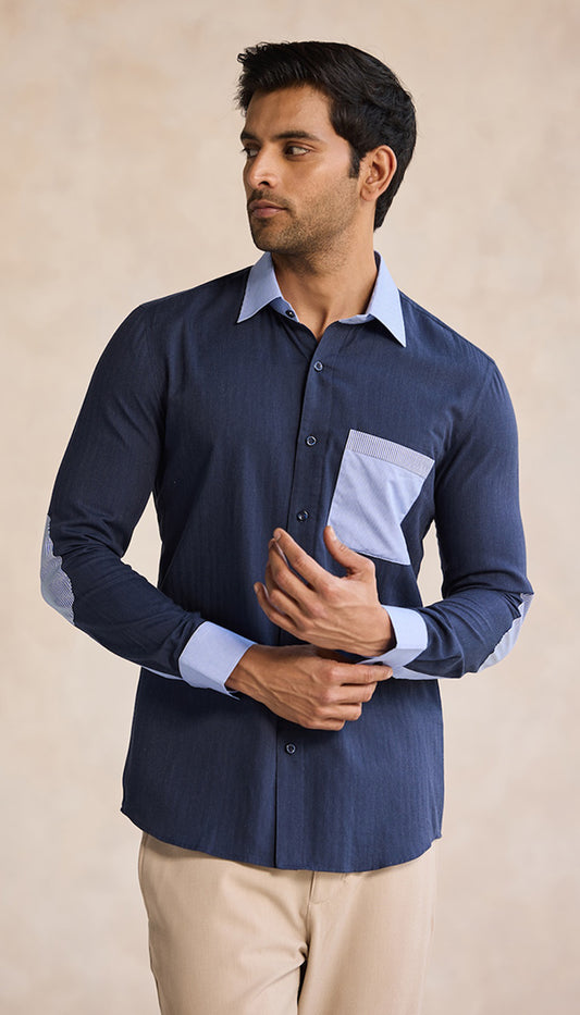 Navy Blue Contrast Shirt with Striped Pocket