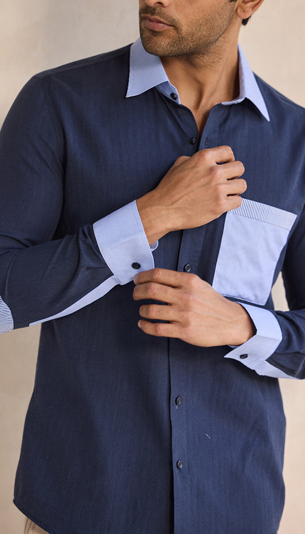 Navy Blue Contrast Shirt with Striped Pocket