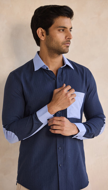 Navy Blue Contrast Shirt with Striped Pocket