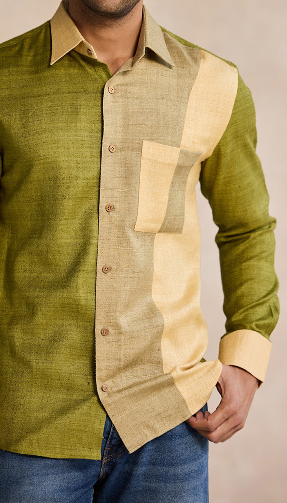 Olive Beige Colorblock Shirt – Earth Tone Statement